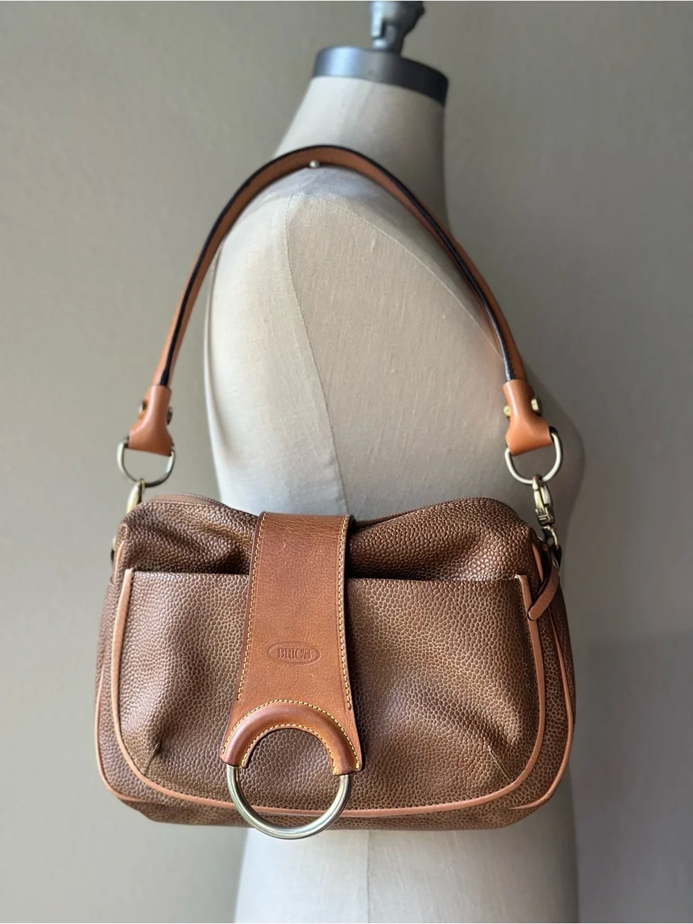 Vintage Brics Italy Brown Textured Shoulder Bag Leather Trim Purse Y2K 90s